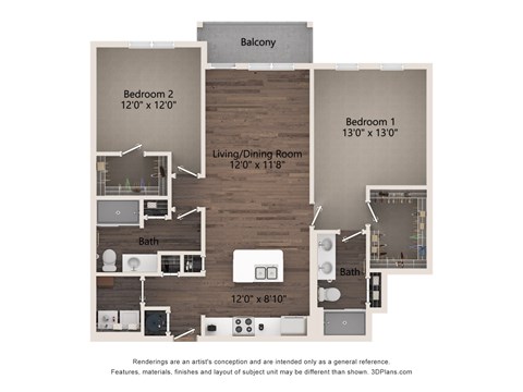 Floor plan for 2 beds, 2 baths, 1176 sqft
